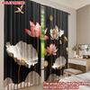 Set Of 2 Elegant Lotus Flower Curtains Pink White Blossoms Golden Seed Pods Black Background Bedroom Decor Curtain Polyester Perfect For