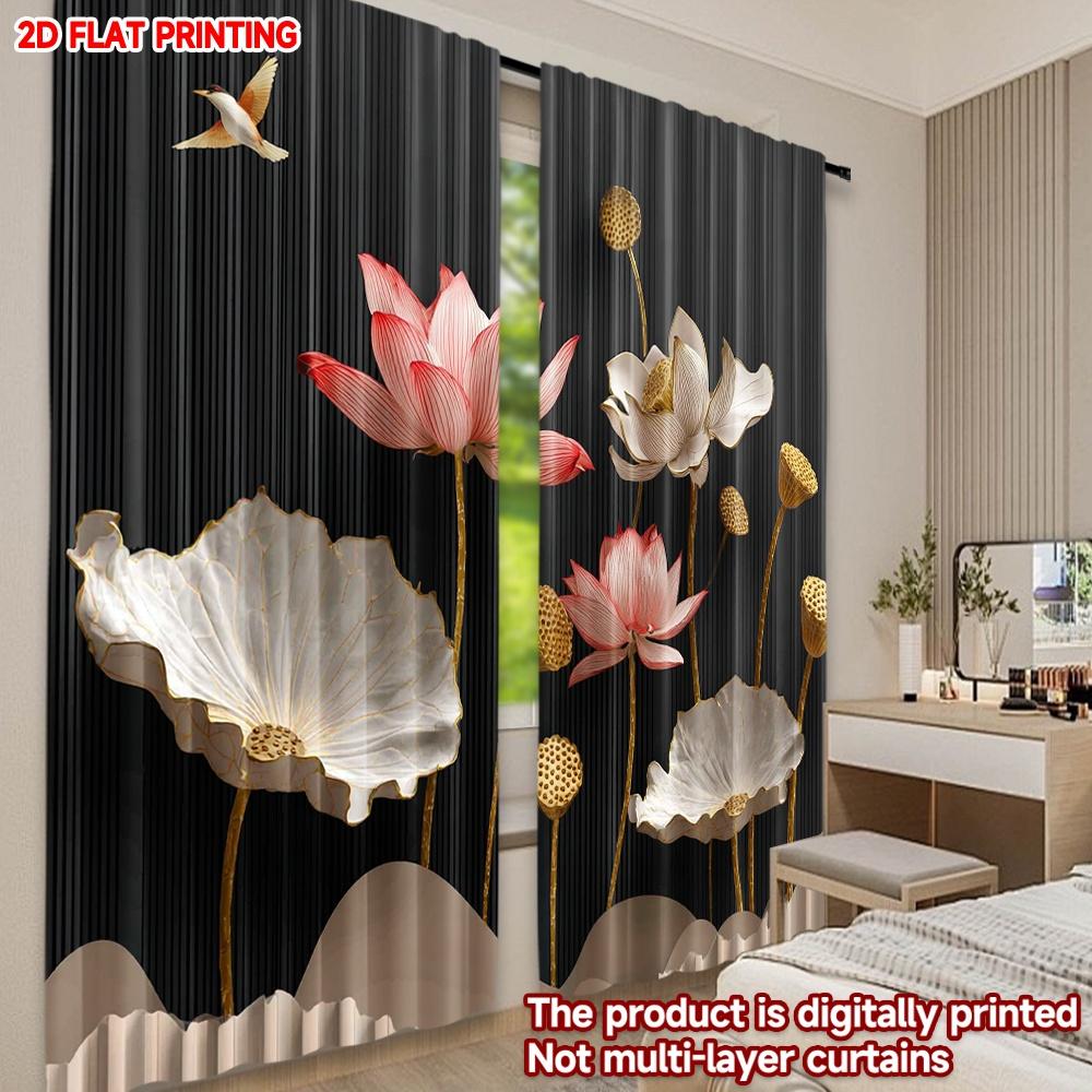 Set Of 2 Elegant Lotus Flower Curtains Pink White Blossoms Golden Seed Pods Black Background Bedroom Decor Curtain Polyester Perfect For