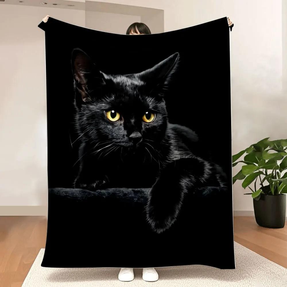 

Black Cat Printed Throw Blanket - Glossy Textured Fleece, Dramatic Contrast Design, Perfect for Cozy Home Decor, Alert Relaxed C 70x100cm білий