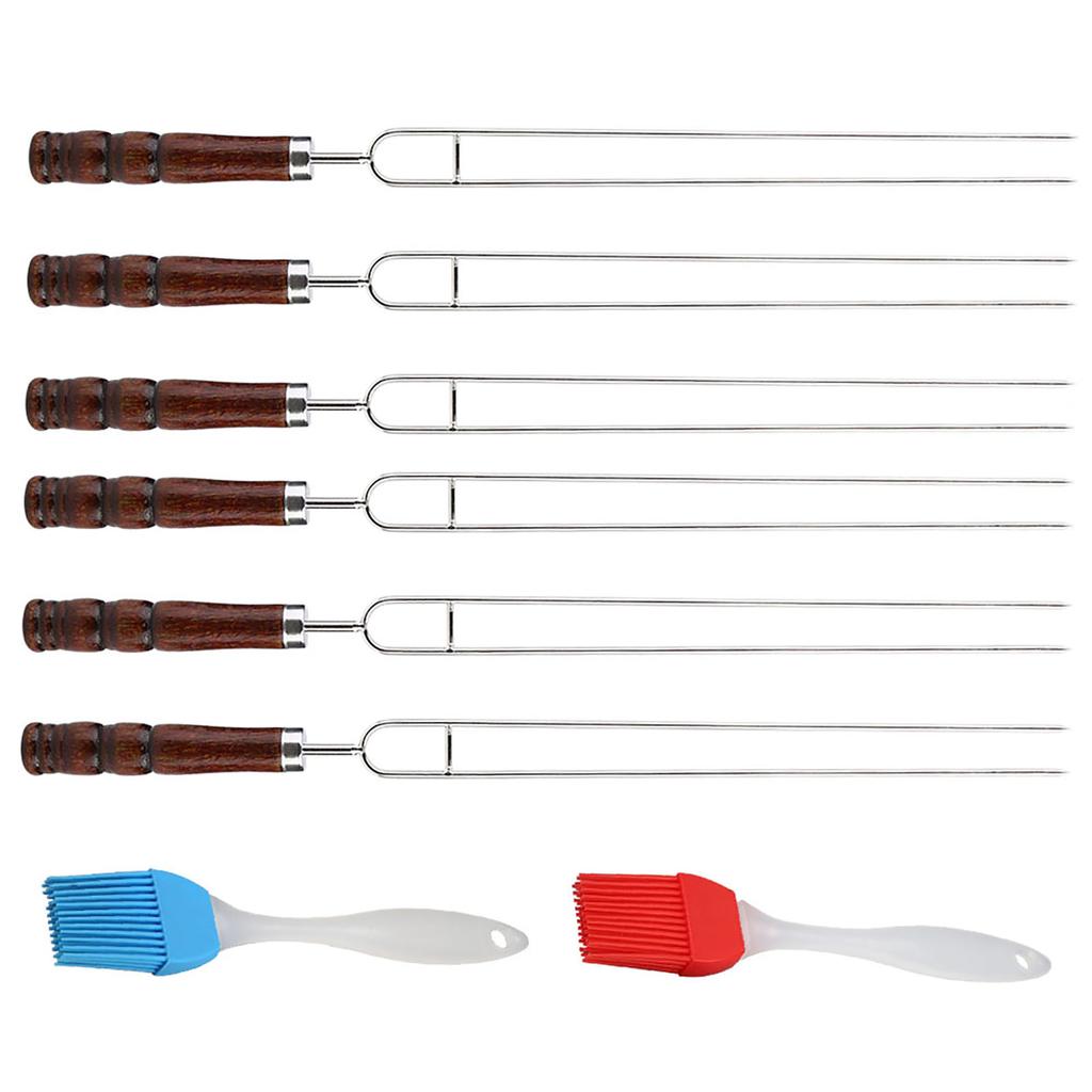 6Pcs Stainless Steel U Shaped Barbecue Fork Skewers with 2Pcs Silicone Baking Oil BBQ Brush