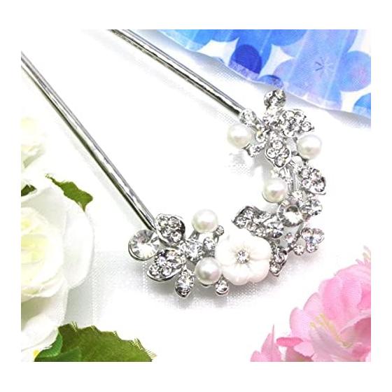Meow Meow Hairpin Hair Accessory U-Shaped for Kimono Yukata Formal Kimono with Pearls, Metal, Antique Flower, Silver