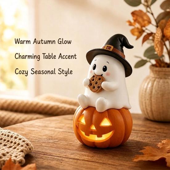 Indoor Decorative Light Lighted Halloween Ghost Figurine, Spooky Resin Witch on Pumpkin/Holding Lantern Desktop Ornament Statue with LED for Bookshelf