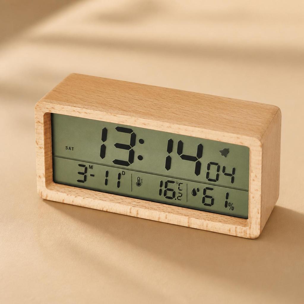 Digital Alarm Clock Easy to Read Wooden Compact for Nightstand