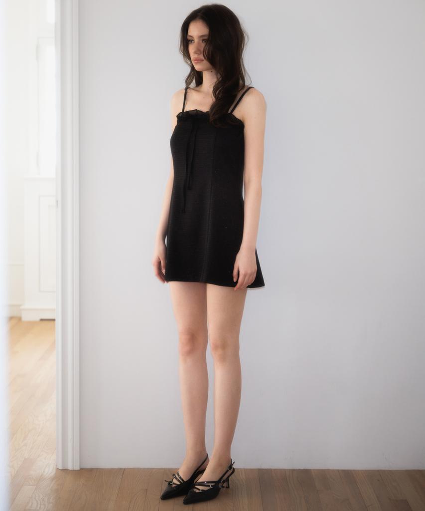 Rose Franz Tweed Ribbon Tie Mini Dress [Black]