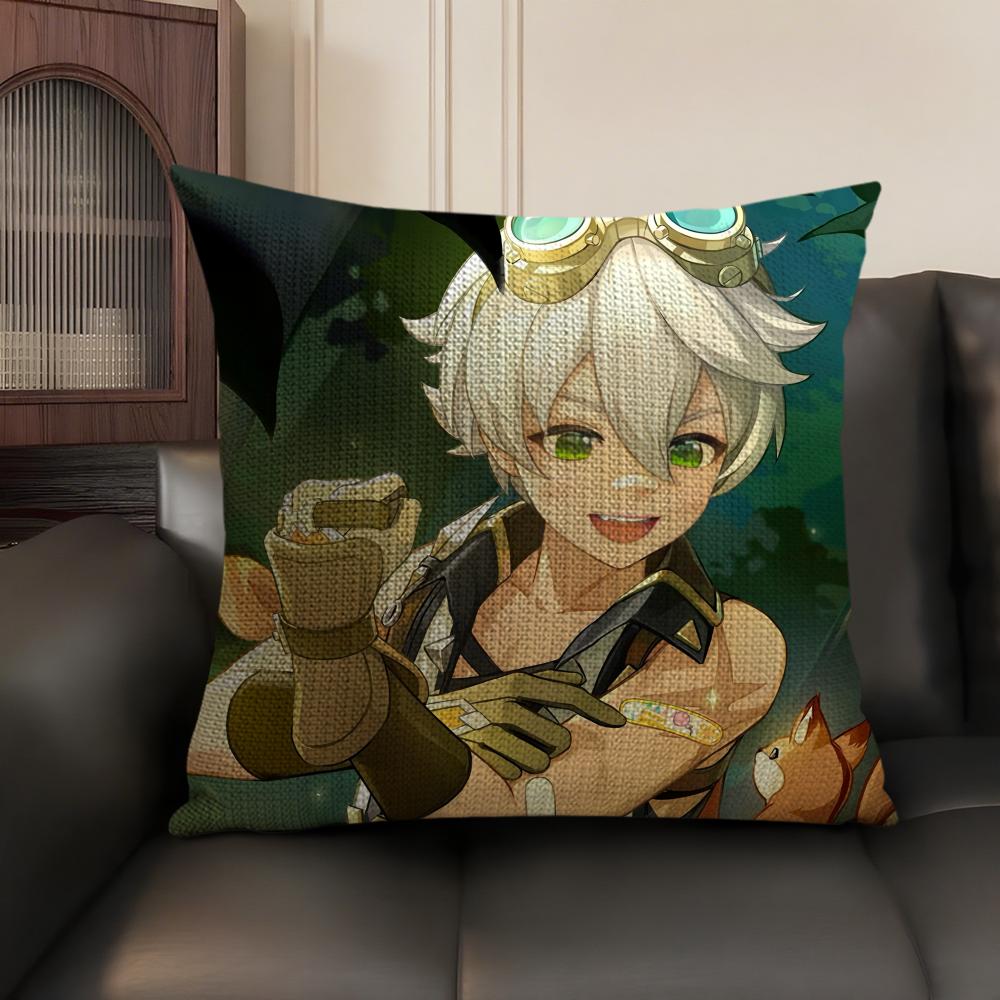 Bennett Genshin Impact Cute Cushion Cover Natural Linen Organic Fabric Double-Sided Printing Sofa Home Decor Gift Pillow Case