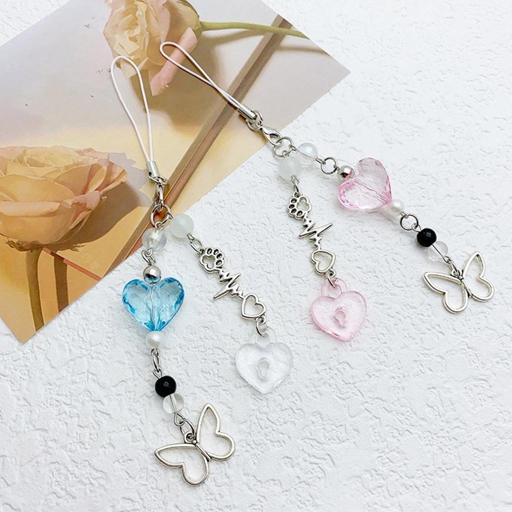 Lanière de Téléphone Mignonne Chaîne de Téléphone Pendentif Cœur Papillon Charm de Téléphone Décorations Suspendues Accessoires de Téléphone Mignons