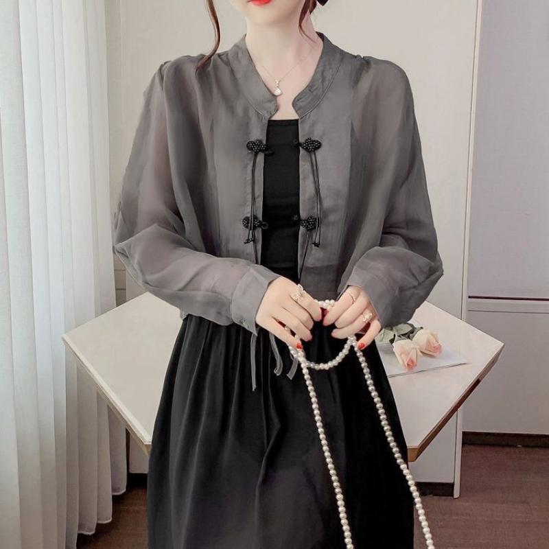 Vasarinė lengva šilko tipo trumpa striukė Šifoninė apsauganti nuo saulės palaidinė Moteriškas madingas retro stiliaus sagomis užsegamas ilgomis rankovėmis viršutinis drabužis su dizaino pojūčiu