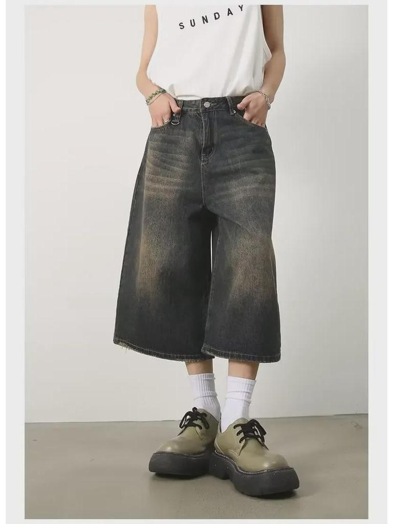 Men's Washed Retro Distressed Wide-Leg 7-Point Denim Shorts