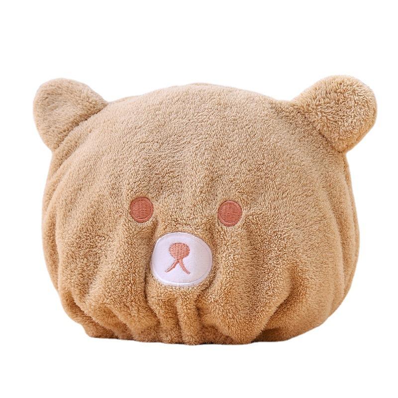 2pc Cartoon Bear Children's Dry Hair Cap Soft Absorbent Girls' Coral Fleece Shower Cap Elastic Band Dry Hair Towel Baby Care