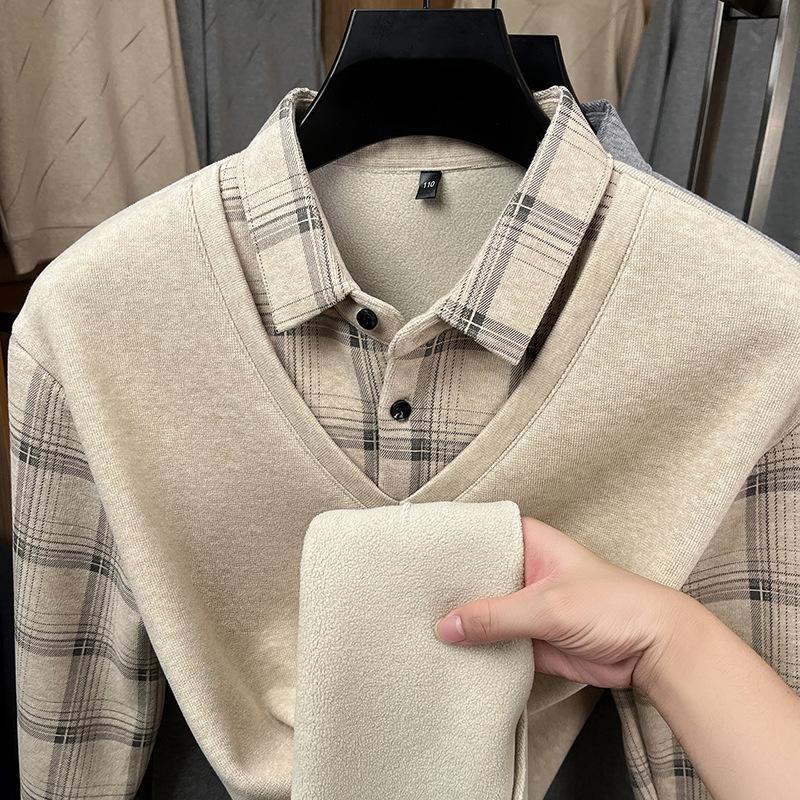 Men's 2025 Winter Plus Velvet Faux Two-Piece Lapel Knitwear for Middle-Aged & Elderly Dads