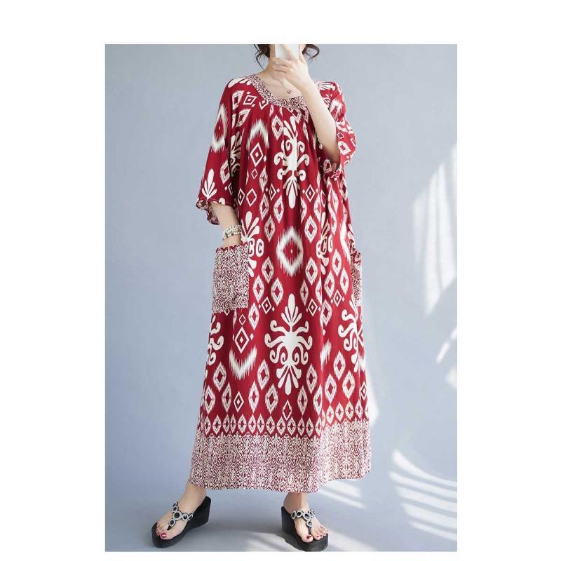 Summer New Temperament V-neck Mid-length Dress Retro Printing Loose Dresses