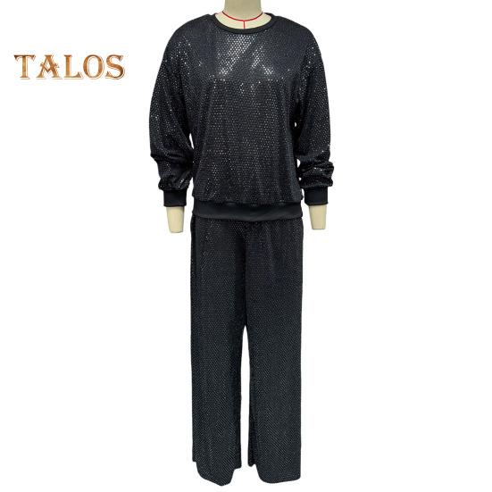2 Pcs/Set Women Top Pants Suit Sequin Round Neck Long Sleeves with Elastic Cuffs Elastic High Waist Wide Leg Trousers Set Daily Casual Commuting