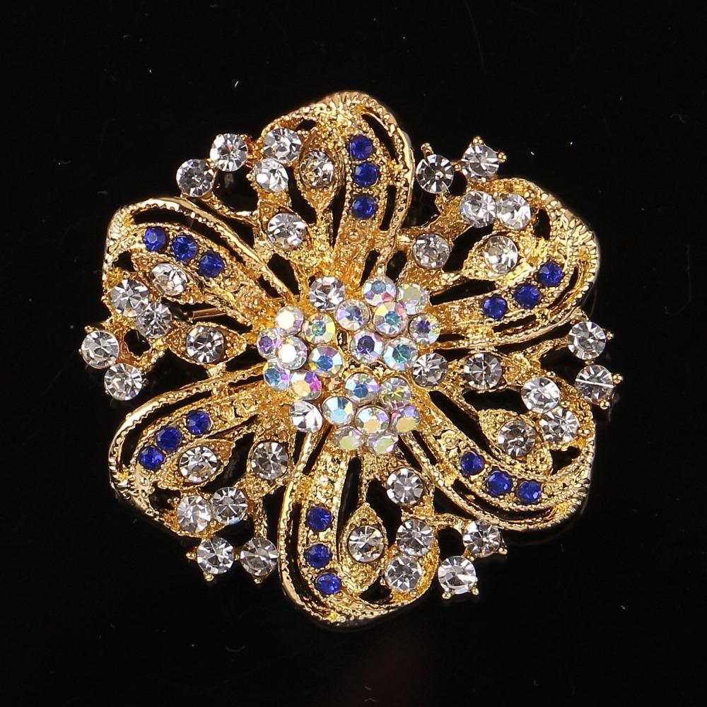 DIEZI Korean Gold Color Blue Crystal Brooches for Wedding Women Party Dress Rhinestone Bridal Bouquet Flower Bowknot Brooch Pins