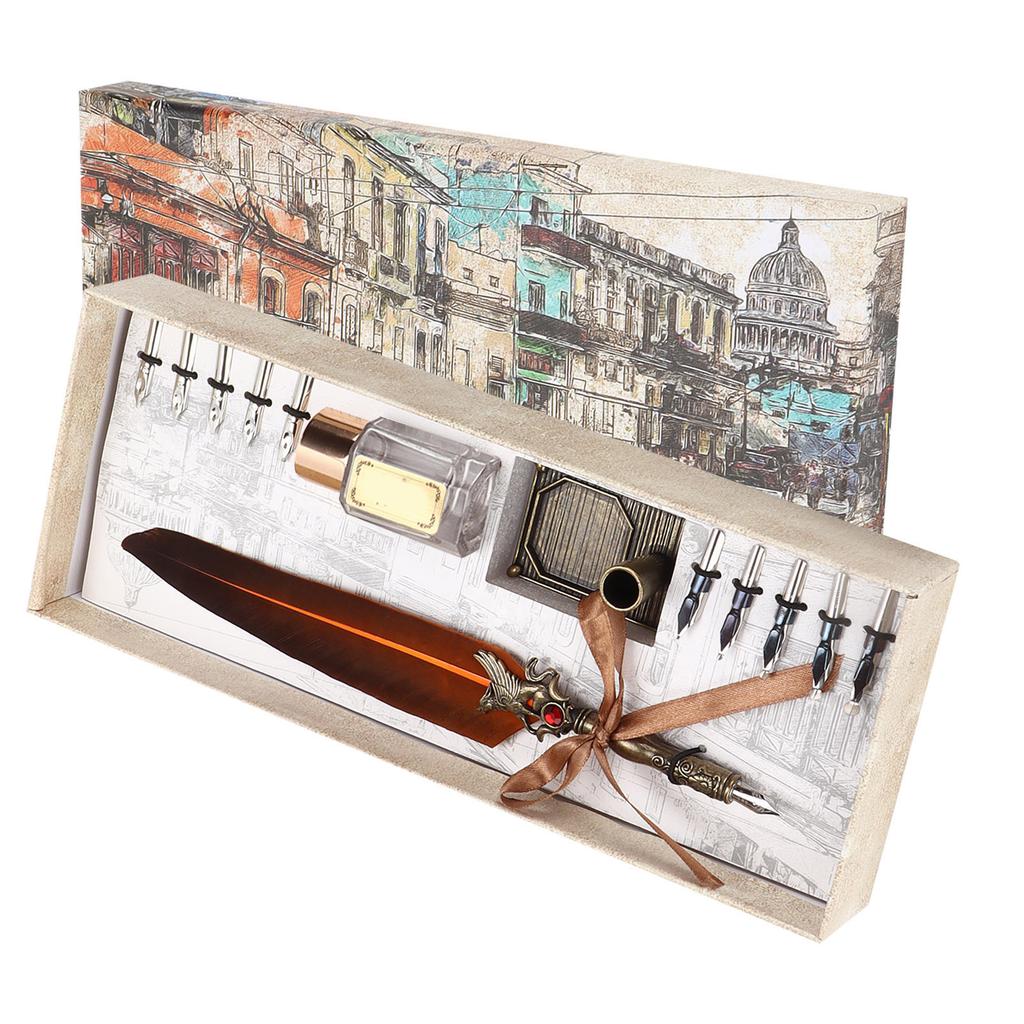 Feather Pen Set Vintage Creativity Ink Carving Writing Suit for Lover Teacher Classmate GiftBrown