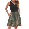 Women's Summer Fashion Casual V-neck Pleated Patchwork Vintage Floral Print Sleeveless Pocket Vest Dress