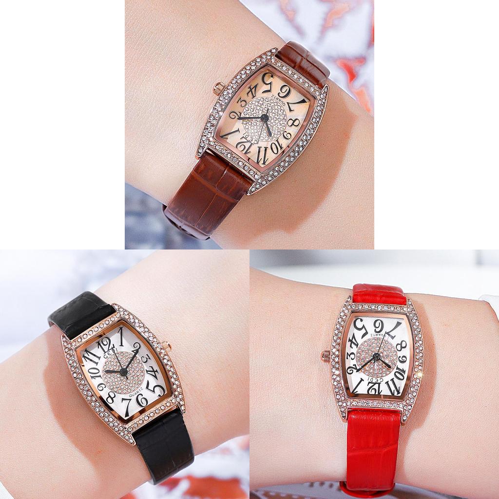Vintage Wine Barrel Shape Ladies Watch With Crystals And Leather Strap For Casual Wear