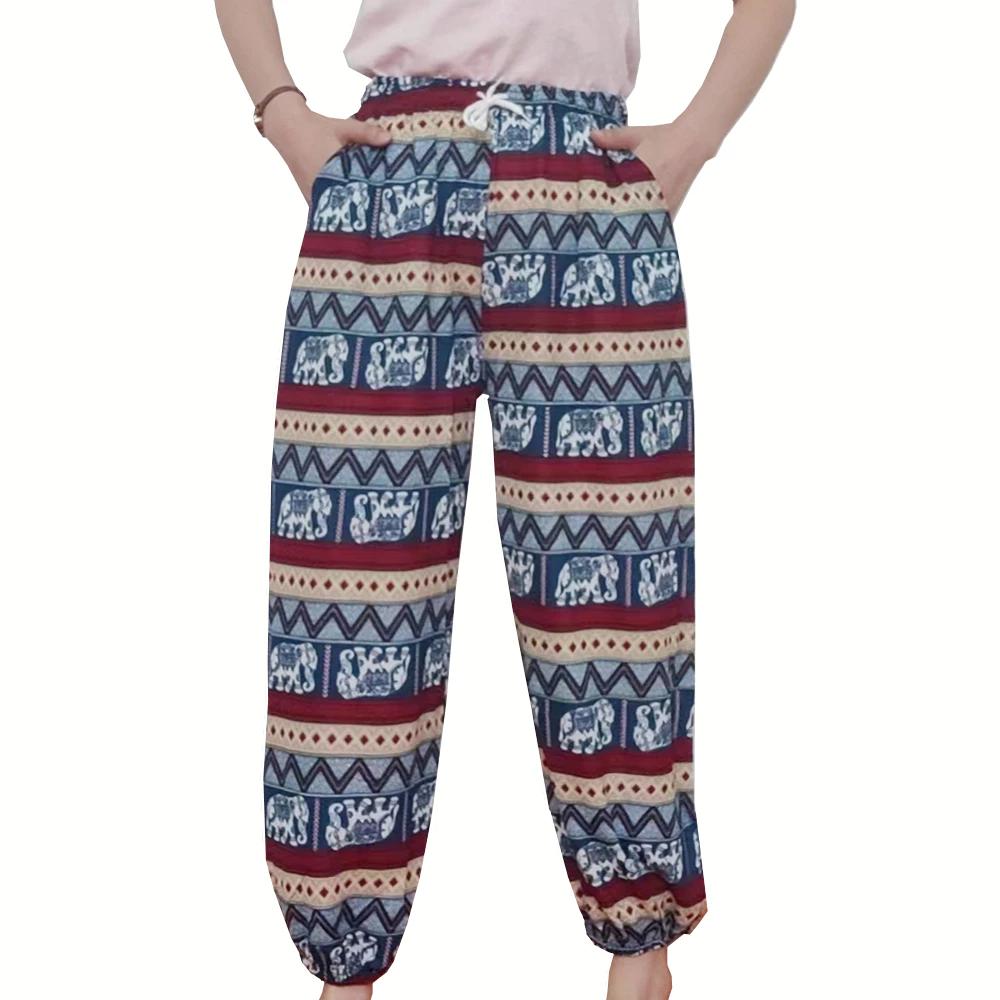 Elephant Jump Pants Pocket Adjustable Elastic High Waistband Strap Unisex Man Women Print Thailand Casual Streetwear Beach Bohemian Retro Vintage