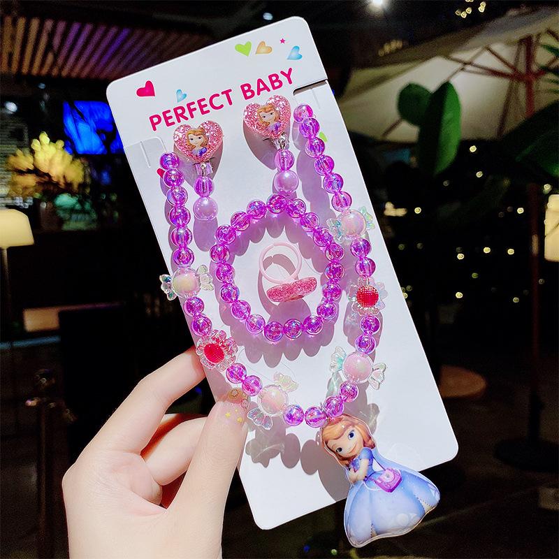 Princess Cartoon Jewelry Set for Girls: Necklace, Ring, Bracelet with Luminous Crystal Beads