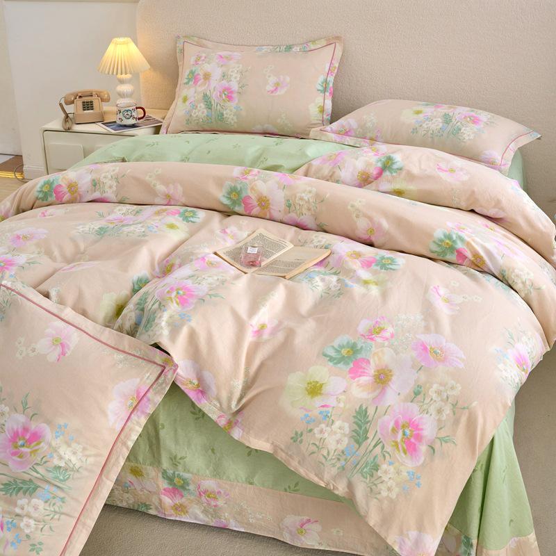 Fresh & Simple Pure Cotton Four-Piece Printed Dorm Set – Includes Three-Piece All-Cotton Bed Sheet, Bed Skirt, and Bedding Set.