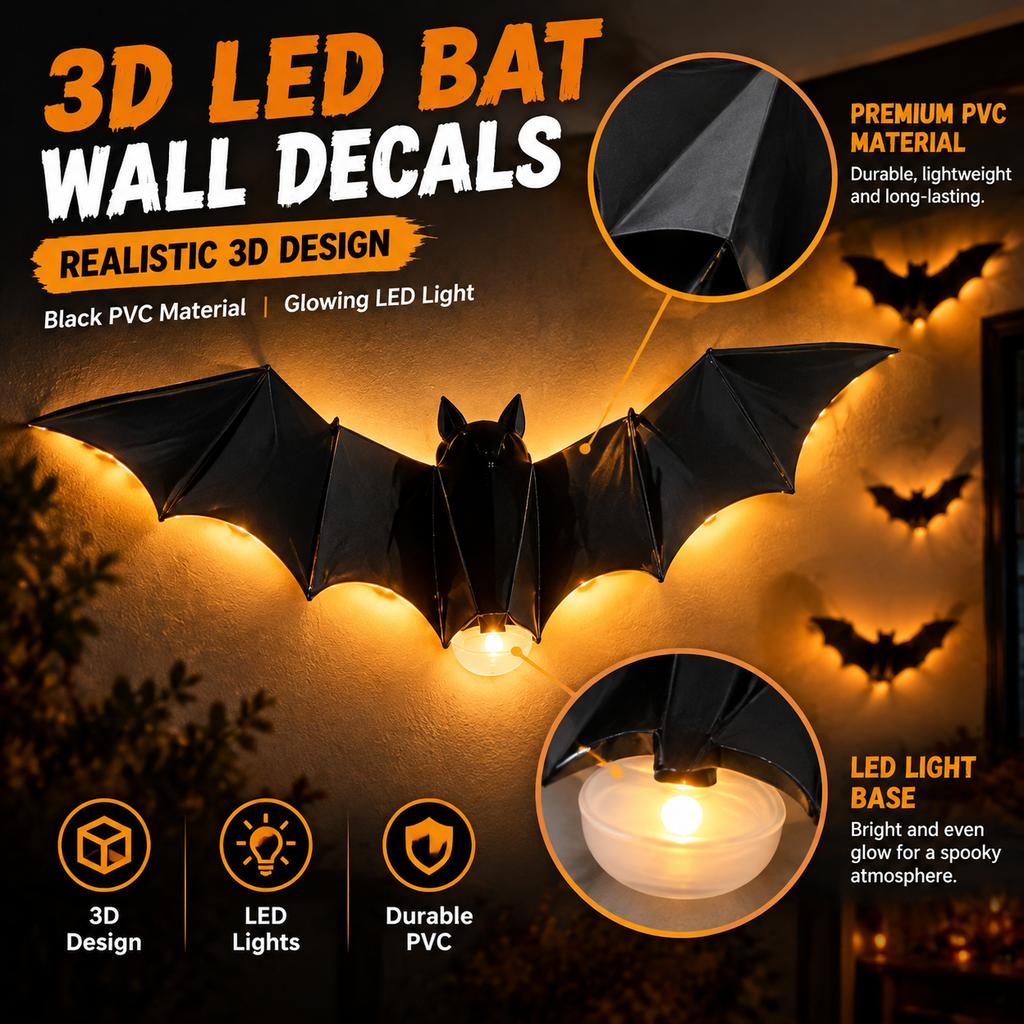 Halloween 3D LED Bat Wall Decals Set (36 Pcs)