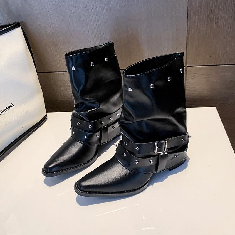 Versatile western short boots women's new stacking boots thick heel design pleated pointed knight boots pant tube boots