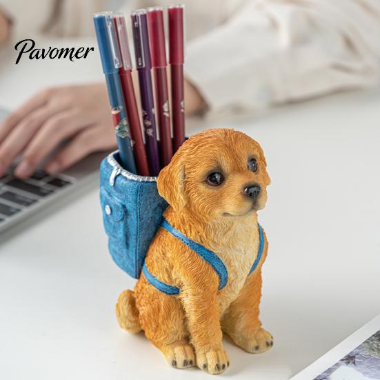 Hand Painted Dog Stationery Holder Golden Puppy Backpack Pen Holder, Cute Animal Storage Ornament, Resin Desktop Organizer, for Office And Study Craft