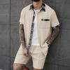 Men's Breathable Waffle Plaid Patchwork Short Sleeve Cardigan & Shorts Set