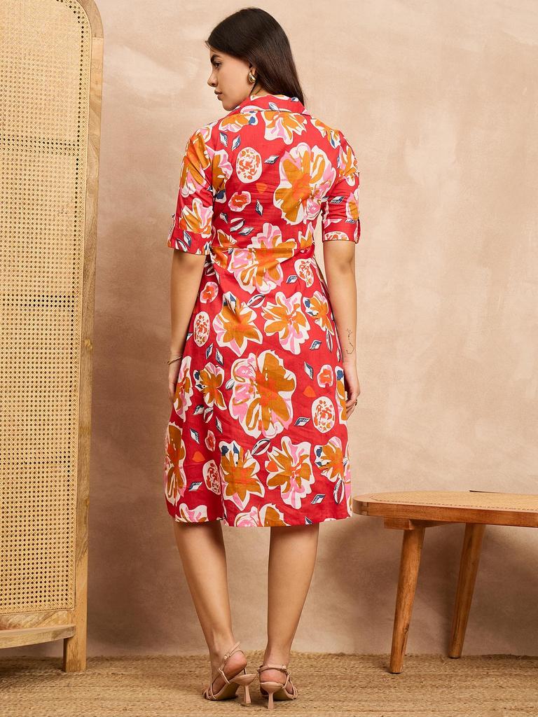 Red Floral Print A-Line Dress