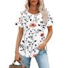 Women's Fashionable Casual Pleated Round Neck Striped Flower Printed Short Sleeved T Shirt Top