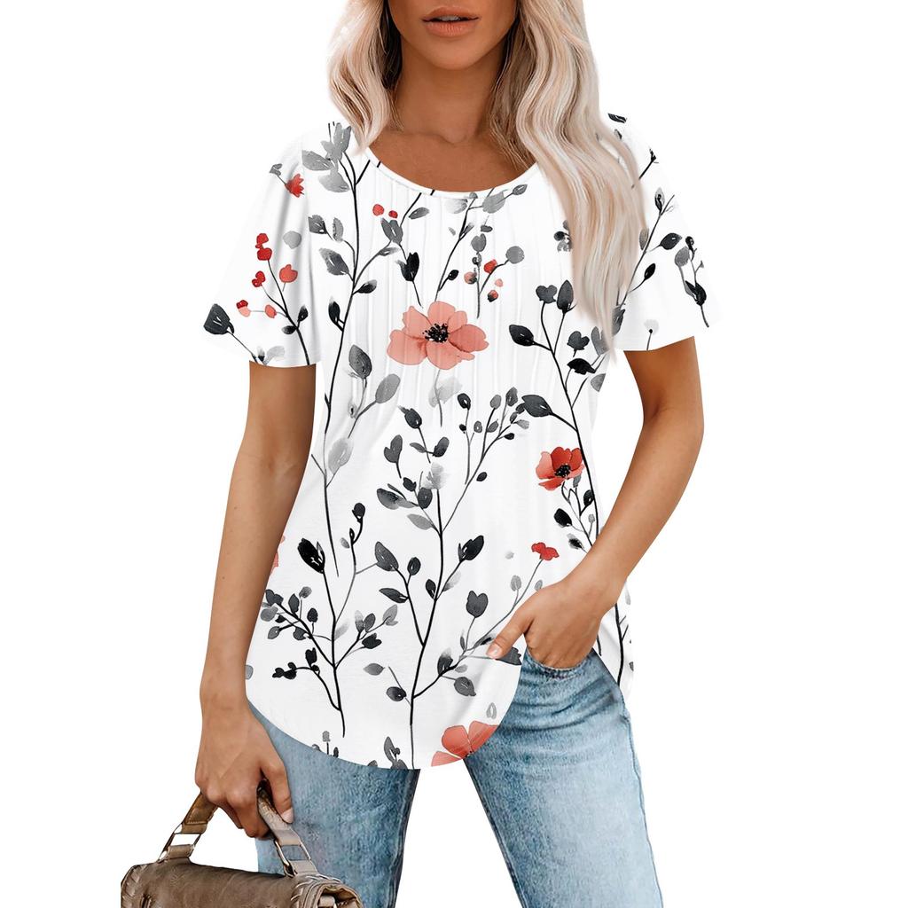 Women's Fashionable Casual Pleated Round Neck Striped Flower Printed Short Sleeved T Shirt Top
