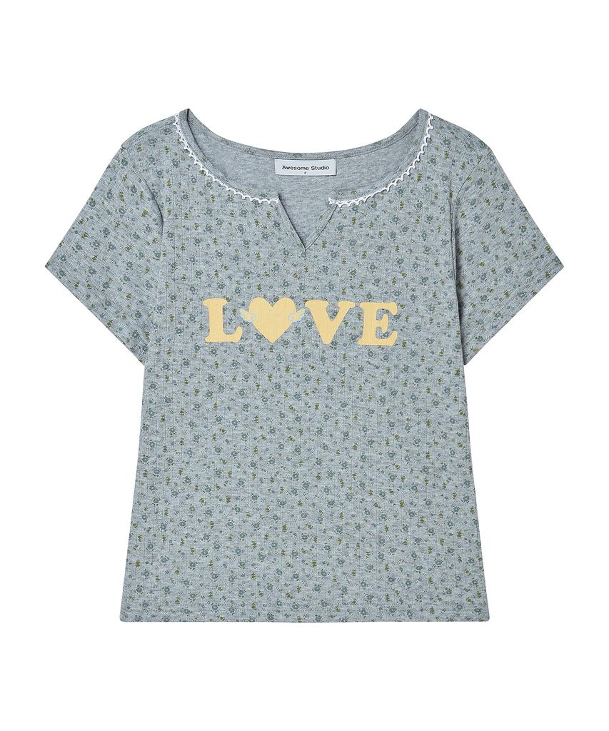AWESOME STUDIO Flower Pattern Love T-Shirt Melange Gray