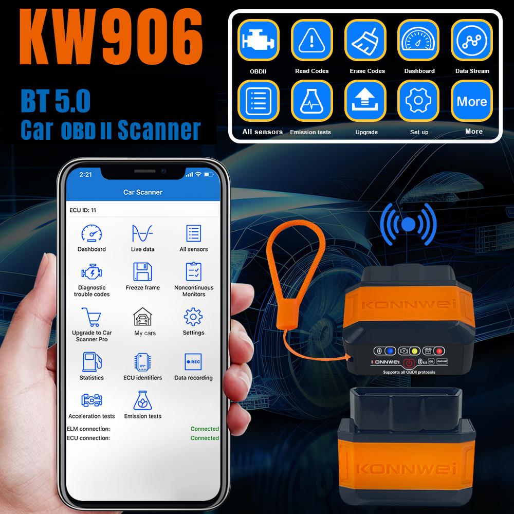 KONNWEI KW906 BT 5.0 Wireless OBDII Car Auto Diagnostic Scan Tools Car Detector Tester Scanner for IOS Android System,