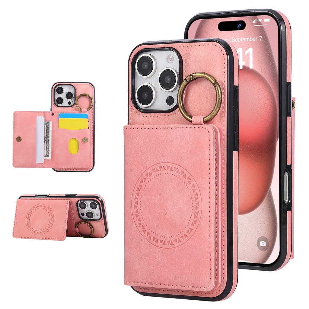 For iPhone 16 Pro Max Case Card Holder Kickstand Leather + TPU Phone Cover with Ring Holder