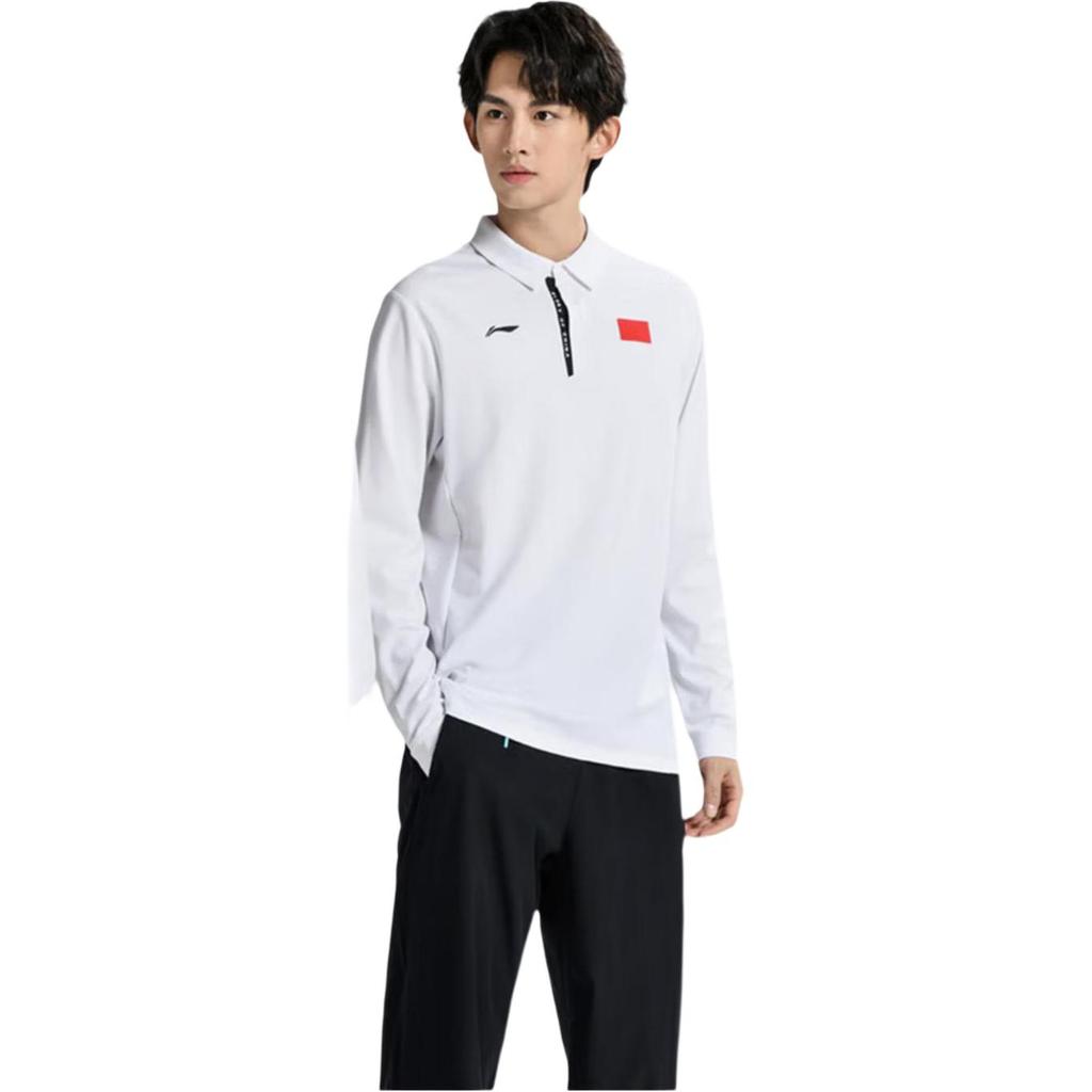 Li-Ning National Flag Glory Series Five-Star Flag Print Three-Dimensional Cut Comfortable Straight-Cut Casual Long Sleeve Polo Shirt APLU763-2