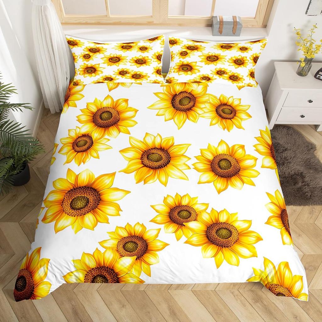 Comforter Yellow Sunflower Queen Blossom Flowers Bedding Set Butterfly Floral Print Comforter Nature Theme Bedroom Decor