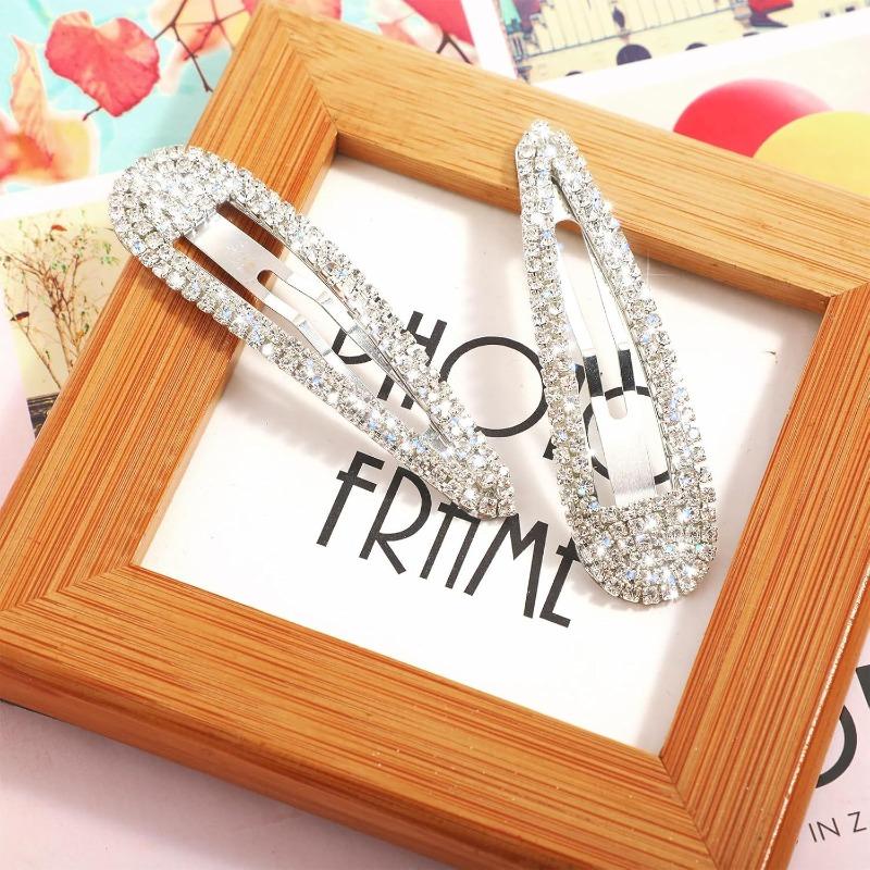 2pcs Rhinestone Metal Snap Hair Clips, Shiny Crystal Duckbill Clips, Fashion Bangs & Broken Hair Barrettes, Perfect for Party & Valentine's Day