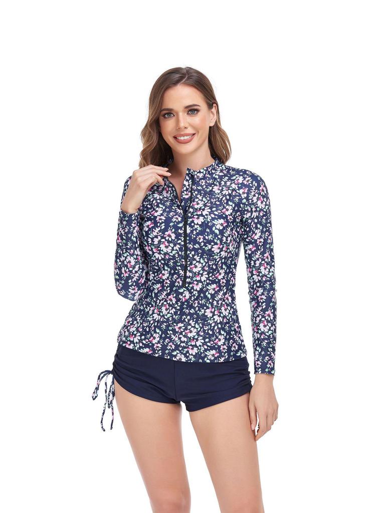 Printed Long Sleeve Zipper Swimsuit with Drawstring Flat Leg Shorts