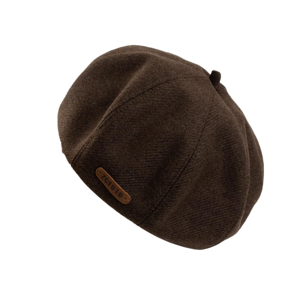 Autumn and winter thick woolen beret girls solid color pumpkin hat brown literary and retro face small painter hat