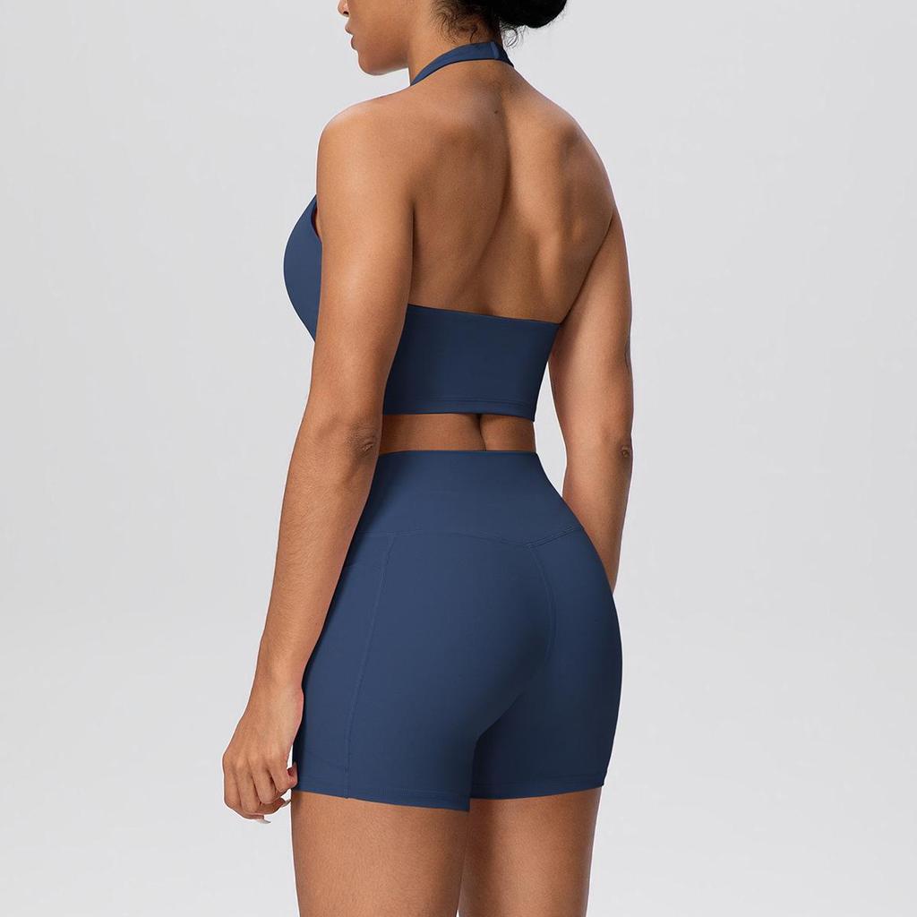 Solid Color Cross-Border Yoga Suit Set: Brushed Hanging Neck Vest with Pocket Pants and Fitness Shorts for Women