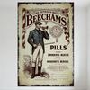 Vintage Beechams Pills Advertisement Metal Tin Sign, Retro Medicinal Poster Wall Art, Period Attire Man with Horn & Crop Decor F