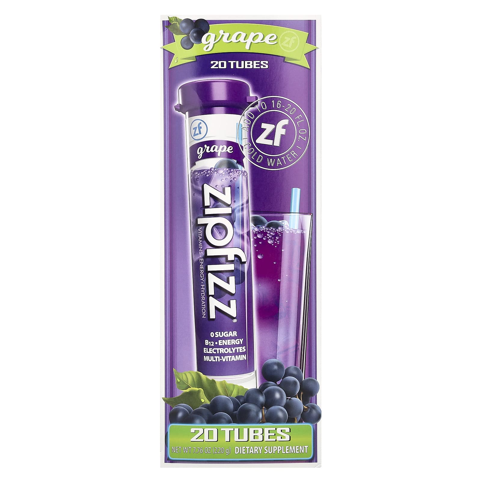 

Zipfizz, Energy Drink Mix, Grape Flavor, 20 Tubes, 0.39 oz (11 g) Each