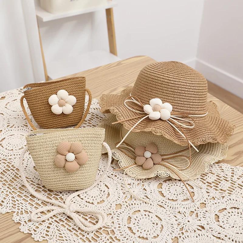 Kids Girls Flower Summer Caps Fashion Children Sunscreen Sun Hat Straw Hat Bag for Beach Baby Accessories for 2-8 Years Kids