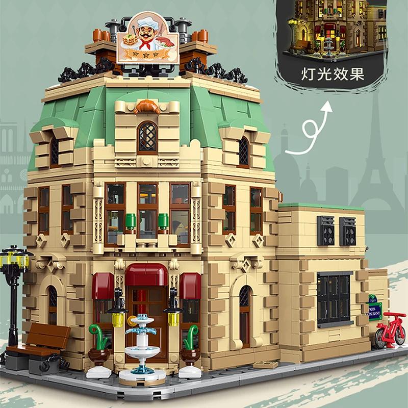3104Pcs Moc City Street View Paris Restaurant Construction Building Led Light Assembling Toys For Children Birthday Gift Set