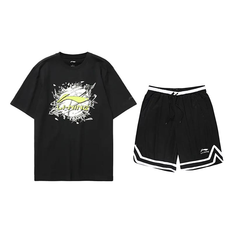 

Li Ning Баскетбол Принт Круглый вырез Удобный Модный С коротким рукавом Повседневный Спортивный костюм Унисекс костюм Черный AHSUA05-2+YAPV001-1 L