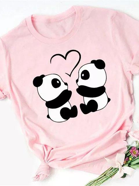 Maycaur Sommer Damen T-Shirt Lockere Oberteile Niedlicher Panda Herz Druck Kurzarm Weiblich Locker Lässig T-Shirt Damen Oberteil Tee