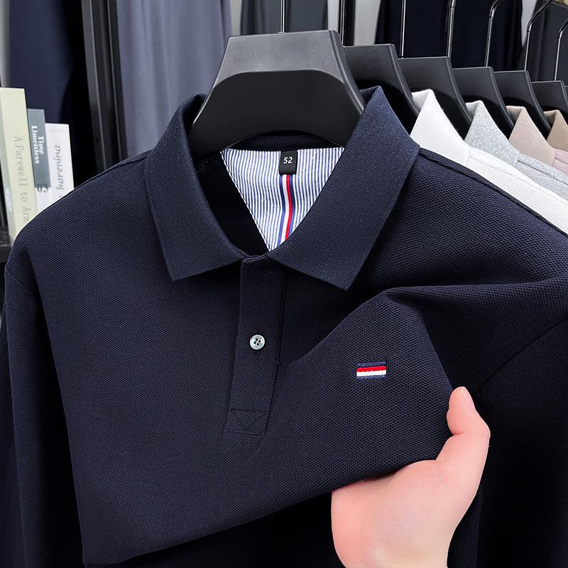 Men's Pure Cotton Embroidered Long-Sleeve Polo Shirt - Business Casual, Solid Color, Versatile for Spring and Autumn