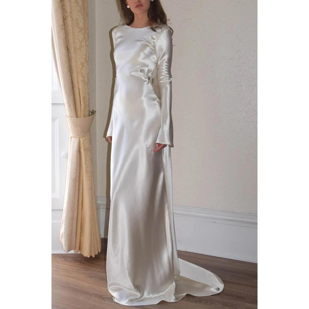 Women's Sexy Backless Mermaid Maxi Dress, Solid Color Round Neck Slim Fit Evening Gown for European American