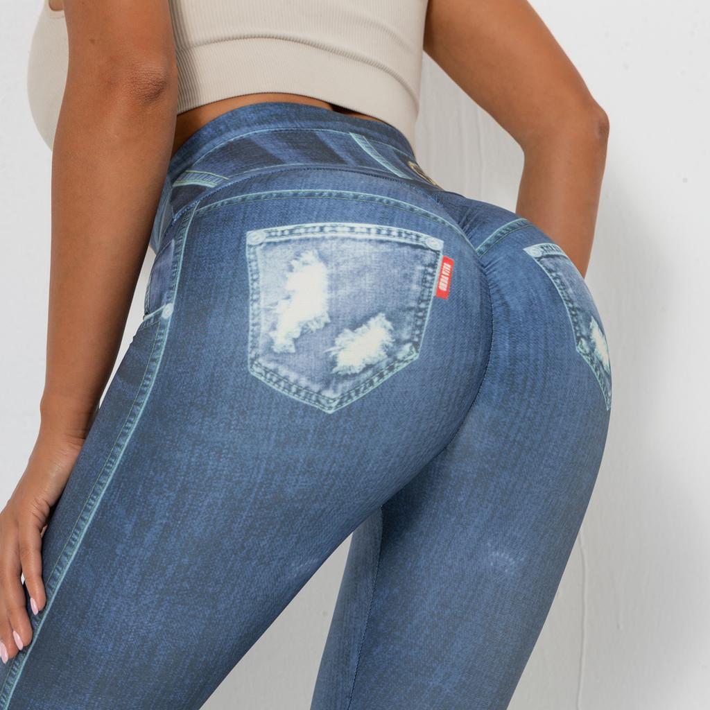 Digital bedruckte Denim-Hose in Blau, enge Höhe, schnelltrocknende Yoga-Hose, Sport-Laufhose, Fitness-Hose für Damen