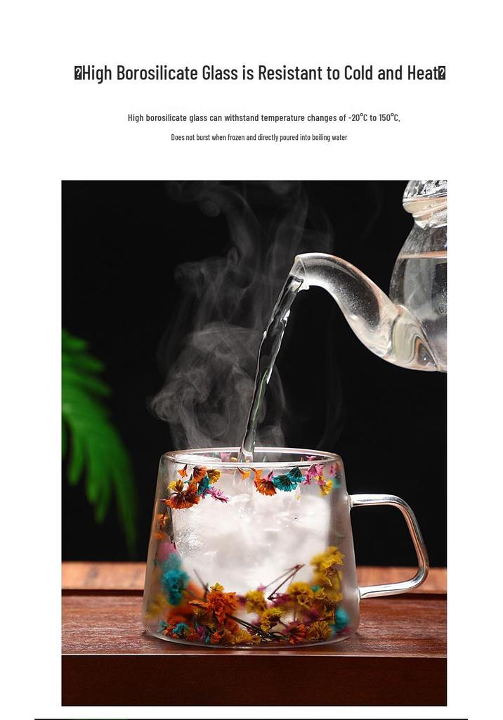 Hochwertiger Kreativer Blütenblatt-Quicksand-Glasbecher mit Echten Trockenblumen und doppelwandigem Borosilikatglas für Kaffee