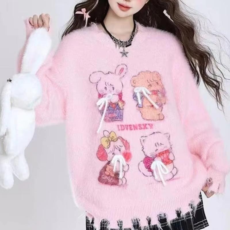 

Женские мультяшные свитеры с бантом, вязаная рубашка американского милого однотонного цвета, осенний универсальный женский пуловер One Size розовый